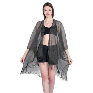 Full view of grey metallic fringed bikini cover-up with stylish open-front design.