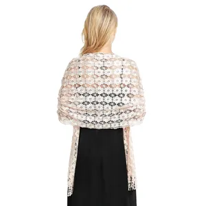 Detailed back view of elegant beige lace shawl with floral embroidery for evening dress