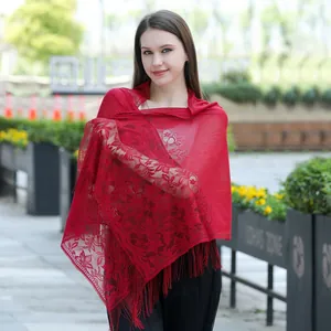 Women Elegant Floral Lace Shawl With Soft Tassels Bridal Wedding Dress Wrap Evening Party Scarf Decorative Polyester Accessory