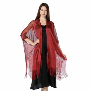 Elegant red shimmering metallic thread shawl with tassels for formal evening gowns