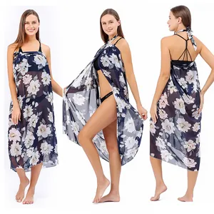 Floral print chiffon beach sarong cover-up shown in front, side, and back views for summer