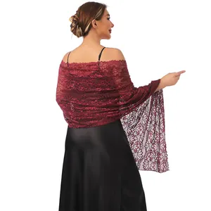 Detailed view of premium burgundy lace shawl with hot-fix rhinestones for evening wear