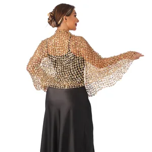 Close-up of elegant golden sequin shawl wrap for evening party and banquet dresses.