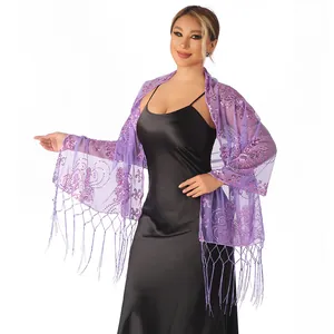 Elegant purple mesh sequined tassel shawl wrap for evening gowns and bridal wear