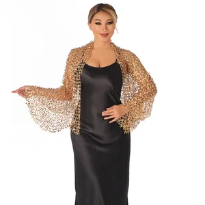 Elegant gold sequined mesh shawl wrap for evening party dresses and formal prom wear