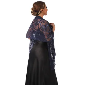Elegant navy blue lace wedding shawl with glittering sequin lotus embroidery details
