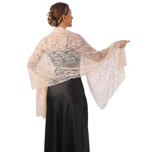 Elegant champagne floral lace shawl featuring subtle rhinestone details on back view