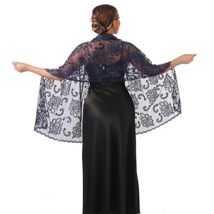 Back view detail showing the elegant navy blue lotus sequin embroidered sheer shawl