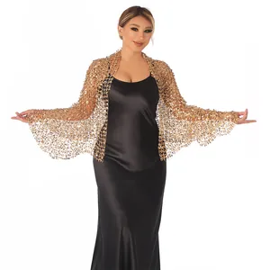 Gold sequin shawl wrap for evening party dress, mesh bolero with sparkling sequins