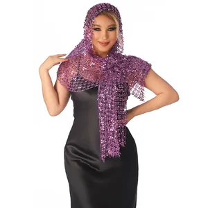 Exquisite detail of purple sequin mesh shawl with sparkling stars effect for evening parties.