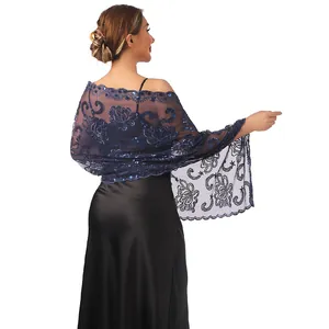 Detailed back view of an elegant navy blue sheer lace shawl with sequin lotus embroidery