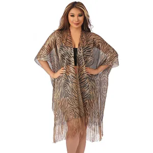 Glänzender Strand-Überwurf mit Zebra-Print, elegantem Fransen-Saum und lockerem Design