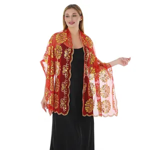 Elegante scialle da sera in rete rossa con ricamo floreale in paillettes dorate