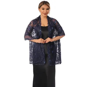 Elegant navy blue lotus sequin embroidered lace shawl for bridesmaid and evening party wear
