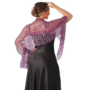 Detail view of an elegant purple sequined lace shawl paired with a black formal evening dress