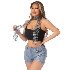 Full view of model wearing a shiny silver sequined mesh scarf as a stylish neck accessory