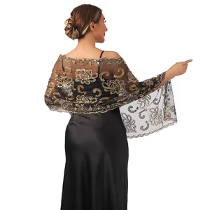 Back view of black mesh shawl with gold lotus sequin embroidery for evening dress