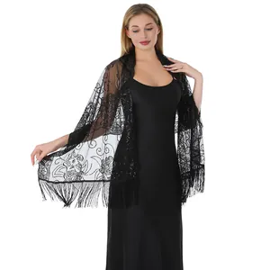 Élégant châle noir à paillettes et franges, idéal pour les robes de soirée et fêtes