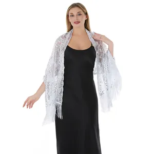 Elegant white sequined embroidered lace shawl with fringe for wedding evening dress
