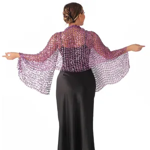 Detailed back view of a purple sequined mesh shawl worn over an elegant black dress.