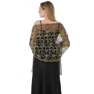 Elegant black mesh shawl with gold sequin phoenix tail embroidery for evening gowns