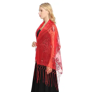 Elegant red sheer evening shawl with floral sequins and long fringe tassel detail