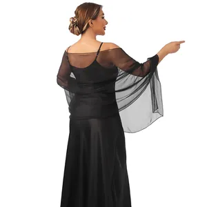 Rear view detail of a lightweight black sheer mesh shawl for formal evening dresses