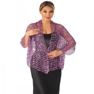 Elegant purple sequined mesh shawl bolero wrap for formal evening dresses and parties