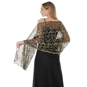 Elegant gold sequined embroidery shawl with phoenix tail pattern for evening wear