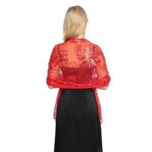 Elegant back view of a red sequined shawl scarf with intricate floral embroidery
