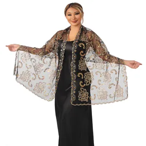 Elegant black sheer mesh shawl with gold sequin flower embroidery for evening dress