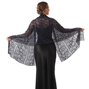 Elegant navy blue lace shawl with rhinestones for evening dress and bridal parties