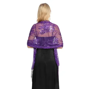 Back view of elegant purple sequined shawl with delicate fringe for evening party