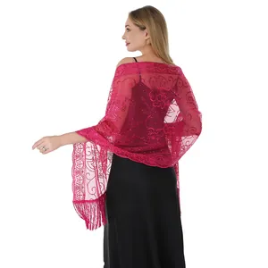 Châle de soirée élégant rose fuchsia à paillettes avec motifs floraux et pompons à franges