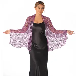 Elegant purple sequined mesh shawl wrap with shimmering sequins for gala evening events