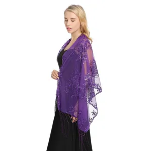 Elegant purple sequin tassel shawl showing intricate embroidery detail for evening gowns