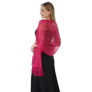 Châle élégant en maille rouge rose avec paillettes florales et franges pour robes de soirée
