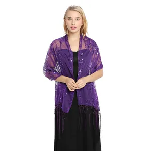 Elegant purple mesh shawl with sequins and long fringe detail for evening dresses