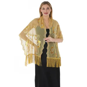 Elegant gold sequin embroidered shawl with tassels for formal evening gowns and wedding parties.