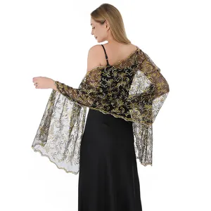 Elegant gold phoenix tail sequin embroidered mesh shawl for wedding and evening dress accessories
