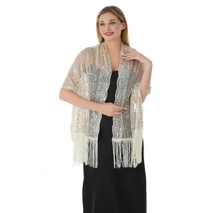 Élégant châle en maille à paillettes dorées avec franges pour soirée et fêtes
