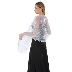Elegant white sequined embroidered lace shawl with tassels for bridal evening dress wrap
