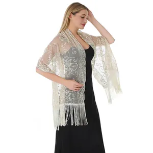 Élégant châle de soirée en tulle ivoire avec broderie de paillettes et longues franges