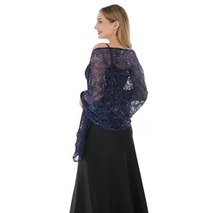 Elegant navy blue lace shawl featuring phoenix tail sequin embroidery for evening party