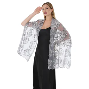 Elegante scialle in pizzo floreale con paillettes argento per feste serali e matrimoni
