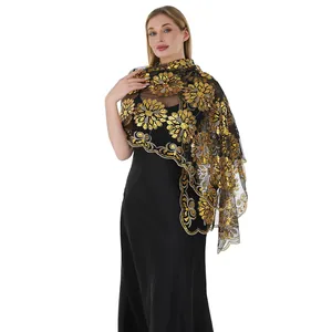 Elegante scialle a rete nera con ricamo floreale di paillettes dorate a tre file di lusso