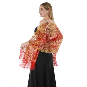 Elegant red sequin embroidered shawl featuring sunflower patterns and stylish fringe