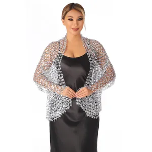 Silver sequined mesh shawl for evening party, elegant bridal cover-up wrap