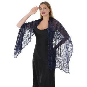 Detailed view of elegant navy blue sequin embroidered shawl with phoenix tail pattern.