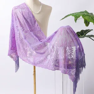 Elegant purple floral sequin embroidered shawl with fringe for evening gowns and events